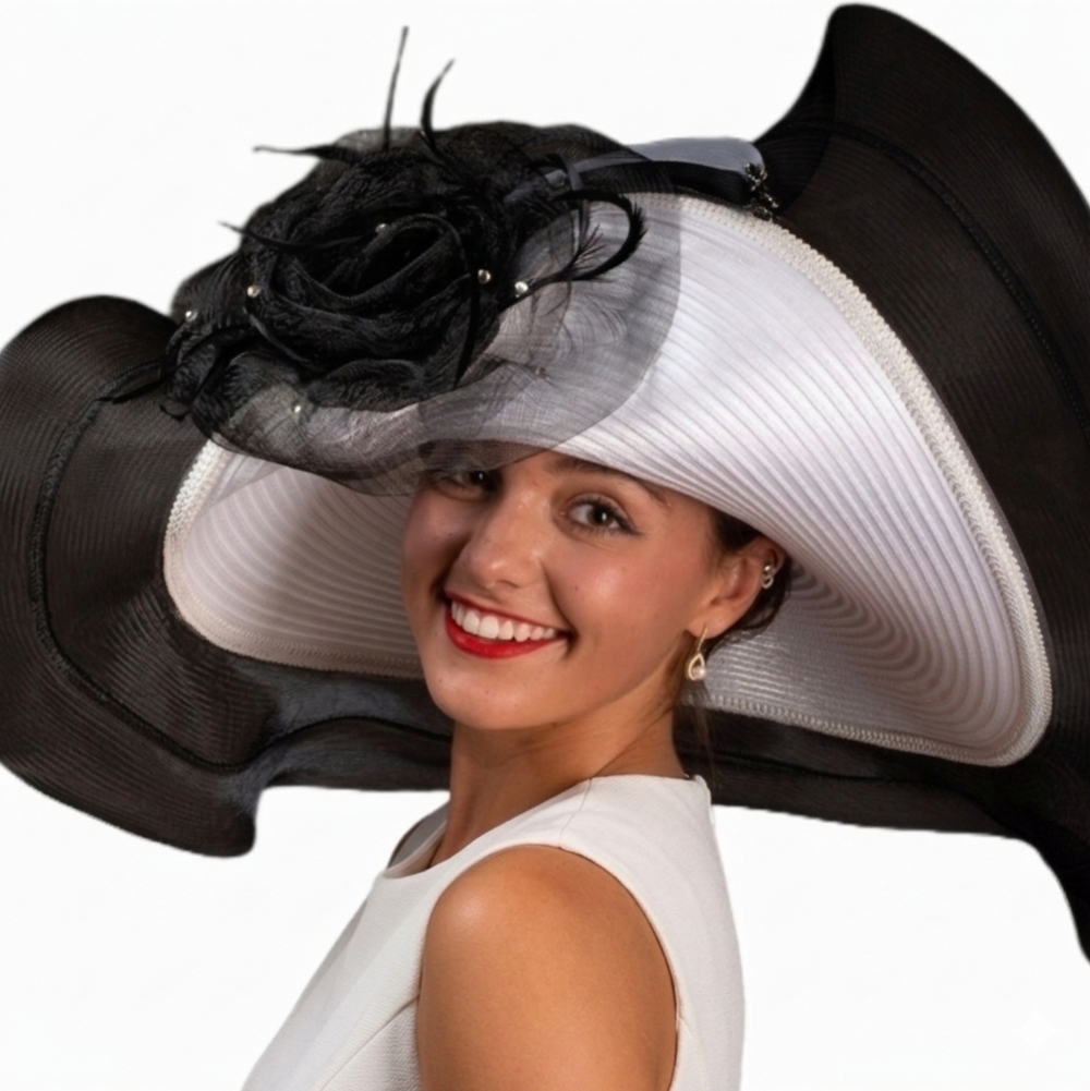 Beloved Millinery Fabulous Couture Extra Wide-Brim Black White Hat Church Derby